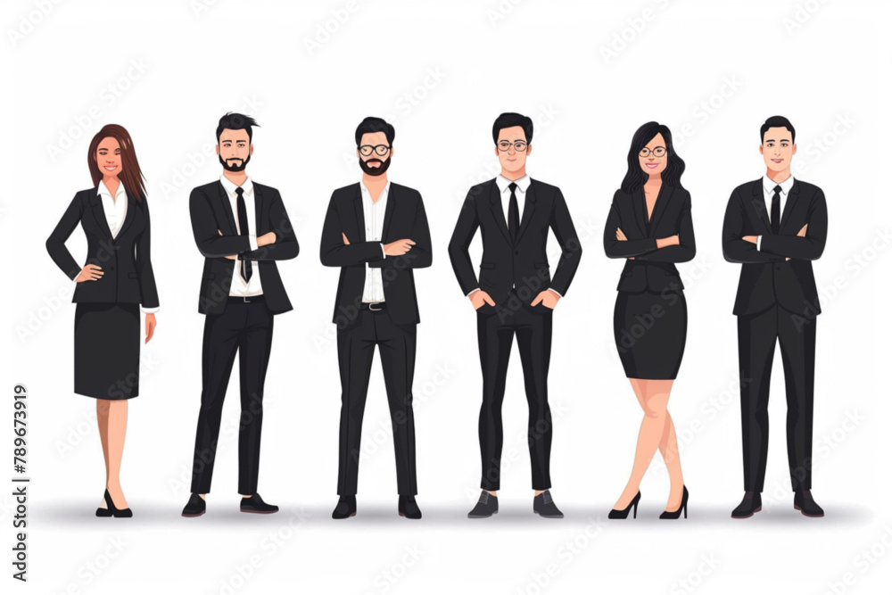 Multinational business team. Employees of the company, men and women in office attire stand in full growth together 3D avatars set vector icon, white background, black colour icon