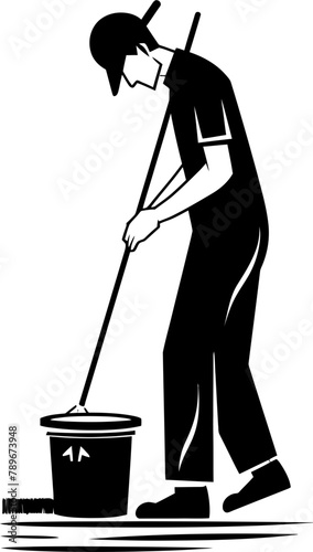 Neat and Clean Cleaning Floor Logo Icon Sweeping Serenity Man with Mop and Bucket Vector