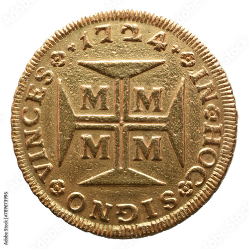 Portuguese gold coin from the reign of Dom João V in the 18th century. Cross of Christ and the year 1724. Legend in Latin. Coin minted in Brazil in Minas Gerais photo