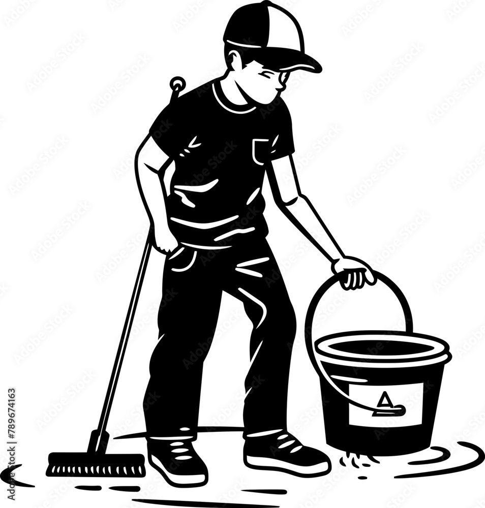 Sweeping Serenity Man with Mop and Bucket Icon Spotless Shine Floor Cleaning Emblem Emblem Sweeping Serenity Man with Mop and Bucket Icon Spotless Shine Floor Cleaning Emblem Emblem
