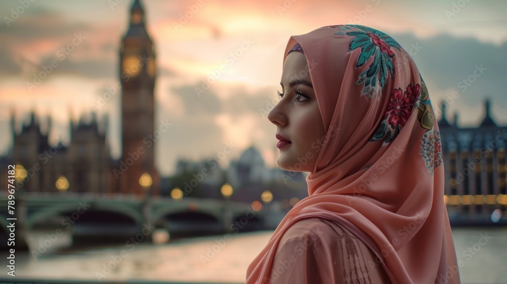 portrait of a woman with hijab in england with big ben in the background out of focus portrait of a woman with hijab in england with big ben in the background out of focus