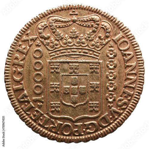 Portuguese gold coin from the reign of Dom João V in the 18th century. Coat of Arms on the face of the coin and the value of 10,000 réis (half a doubloon). Subtitles in Latin. Coin minted in Brazil