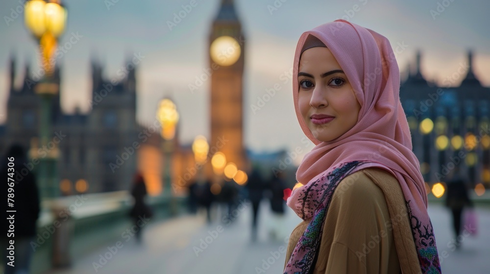 portrait of a woman with hijab in England with Big Ben in the background out of focus at sunset