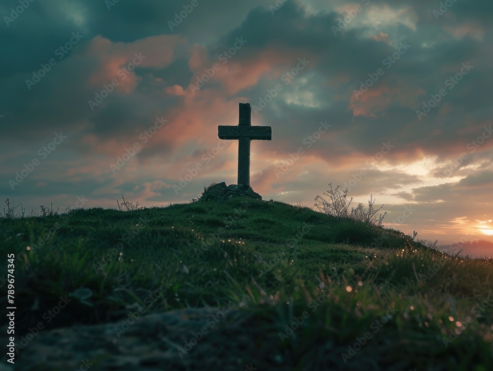 A cross sitting on top of a lush green hillside A cross sitting on top of a lush green hillside