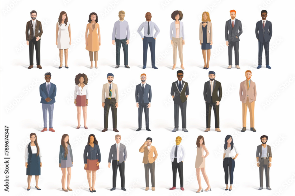 Multinational business team. Set of characters of men and women of different ages and races dressed in business suits 3D avatars set vector icon, white background, black colour icon