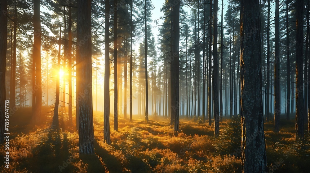 A serene sunrise over a mist-covered forest, the early light casting a warm glow that gently lifts the veil of fog from the awakening woods