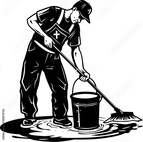 Polished Professionals Cleaning Floor Logo Design Mop Magic Man with Mop Vector Emblem