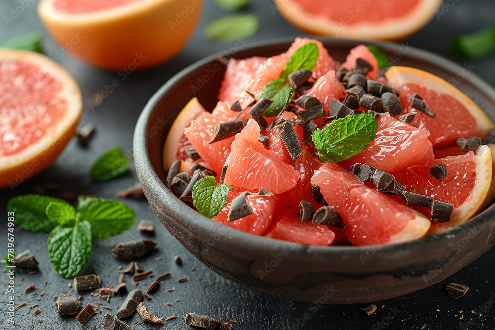 A refreshing grapefruit and mint salad topped with a sprinkle of dark chocolate shavings, balancing tartness with a hint of sweetness. Concept of light and refreshing desserts. Generative Ai. A refreshing grapefruit and mint salad topped with a sprinkle of dark chocolate shavings, balancing tartness with a hint of sweetness. Concept of light and refreshing desserts. Generative Ai.