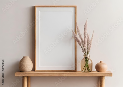 Room interior with mock up photo frame on the brown bamboo shelf with beautiful plants. Interior poster mockup with vertical wood