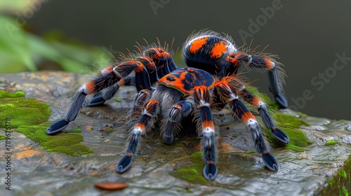 A colorful tarantula, an arthropod, is perched on a rock in macro photography