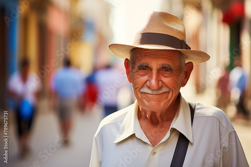 older man smiling with mustache and hat on a street in a Caribbean city