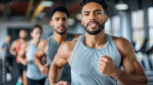 A group of men running in a gym together, AI