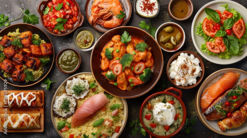 A table topped with a variety of different foods and sauces, AI A table topped with a variety of different foods and sauces, AI