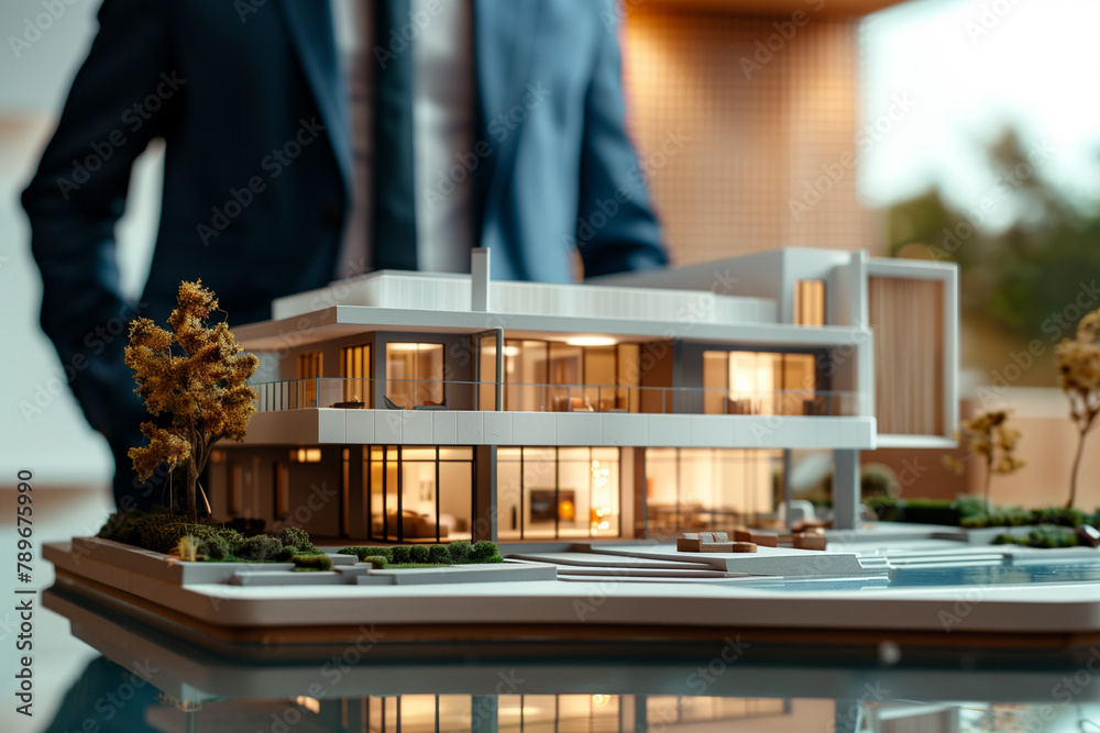 real estate development. close-up show of a businessman or architect with a backup of a large villa or house