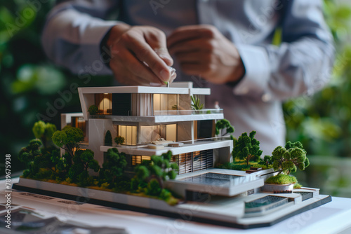 real estate development. close-up show of a businessman or architect with a backup of a large villa or house