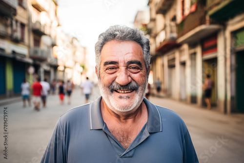 older man with white beard smiling on the streets of an old city looking at the camera