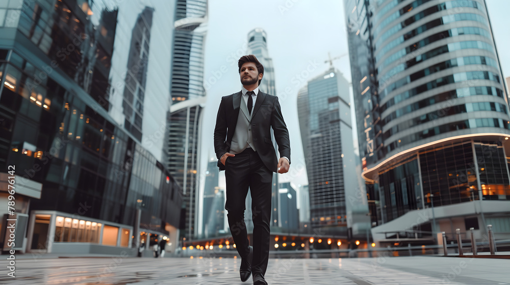 handsome man suit walks through the city of Dubai, skyscrapers modern architecture stands confidently hands on his hips against the backdrop buildings lights handsome man suit walks through the city of Dubai, skyscrapers modern architecture stands confidently hands on his hips against the backdrop buildings lights