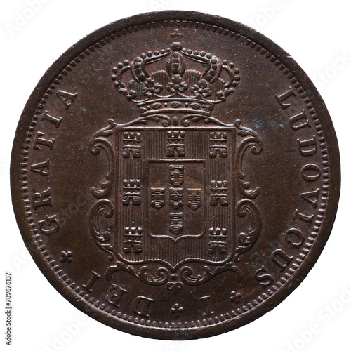 Portuguese coin of V Réis in copper from the reign of Luiz I king of Portugal in the 19th century photo