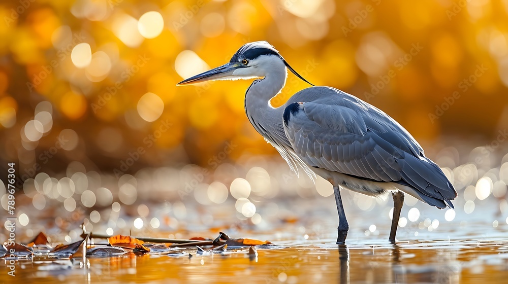 Fototapeta premium A serene scene of a heron in shallow waters, its elegant silhouette reflected in the calm surface as it searches for fish in the early morning light.