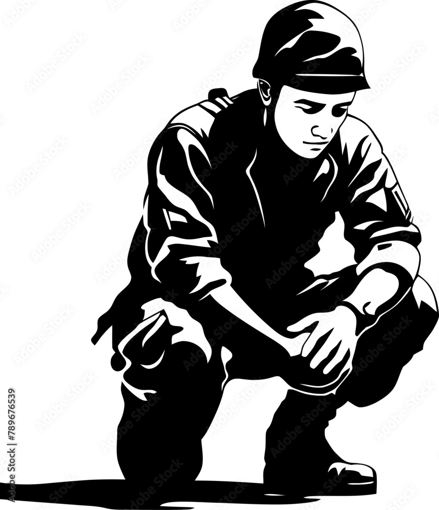Duty Tribute Military Salute Vector Brave Kneel Soldier Respect Icon Duty Tribute Military Salute Vector Brave Kneel Soldier Respect Icon