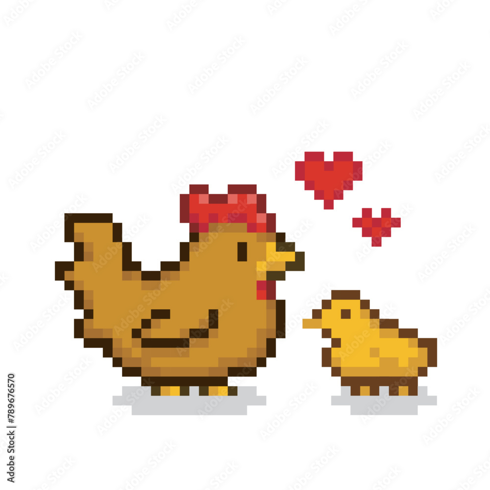 Mother hen with her baby, pixel art animal Mother hen with her baby, pixel art animal