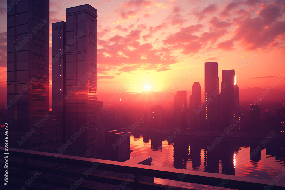 Φωτογραφία image of tall buildings of a city with the reddish sunset sun in the background