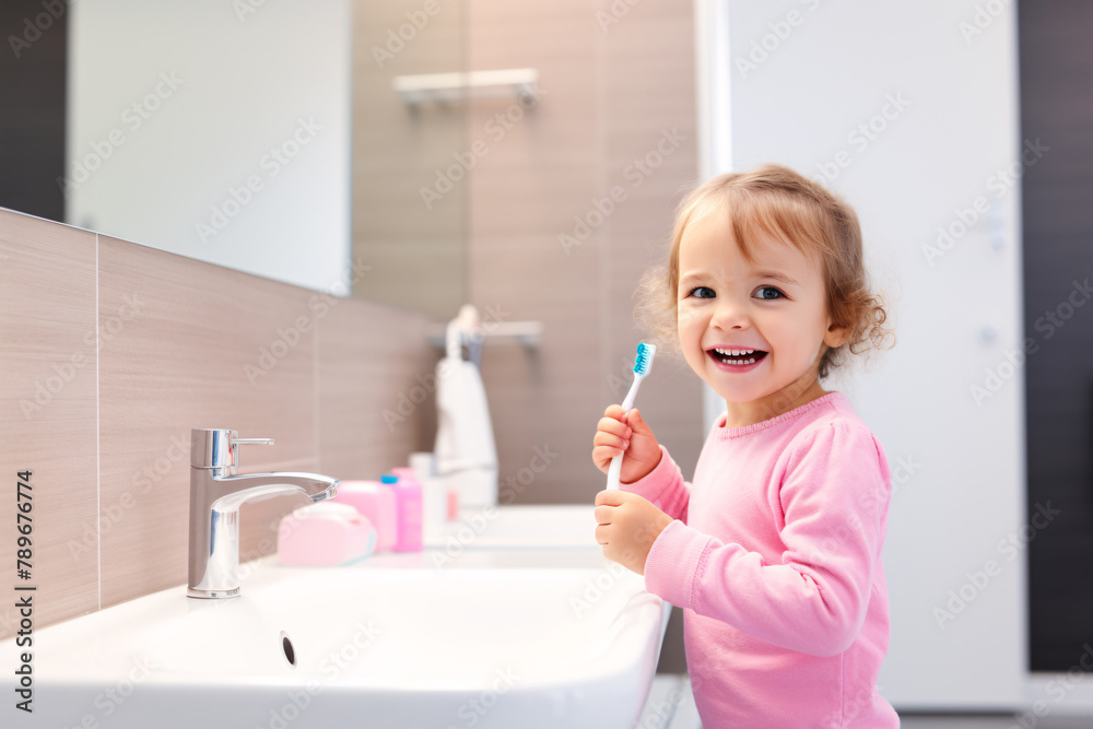 little girl smiling in the bathroom brushing her teeth little girl smiling in the bathroom brushing her teeth