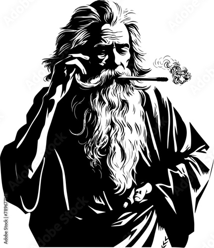 Centenarian Cloud Long Bearded Smoker Symbol Ancient Scent Elderly Asian Man Design