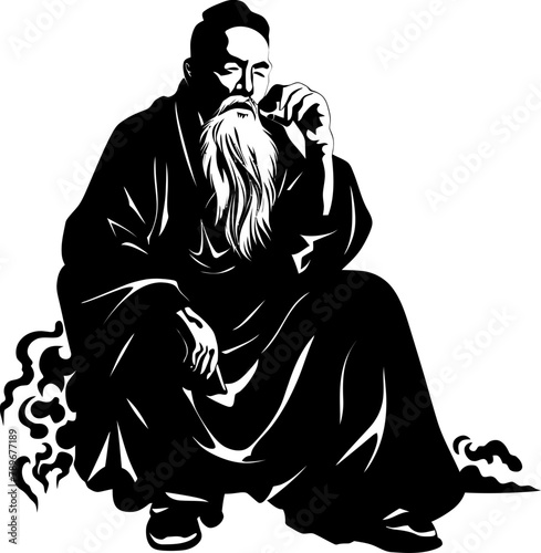 Tranquil Tobacco Old Gentleman Smoker Logo Ancient Elixir Long Bearded Asian Icon © BABBAN