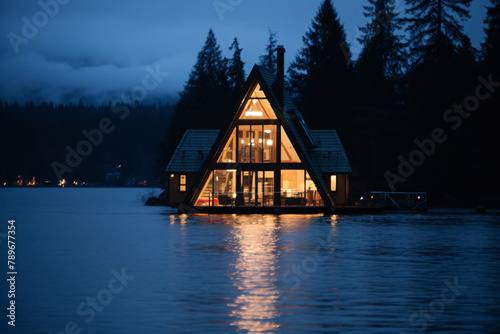 Canadian-style wooden house with the lights on next to a lake at dusk