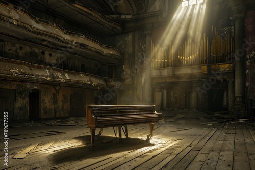 : A forgotten piano in an abandoned concert hall, with dust motes dancing in the beam of light.