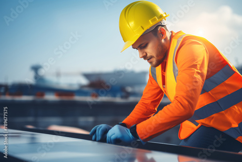 worker with yellow helmet and orange vest fixing the roof covering