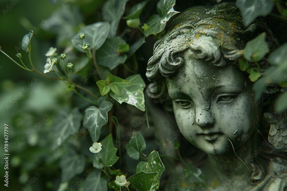 : A forgotten statue of an angel, half-hidden by ivy and wildflowers in a serene garden.