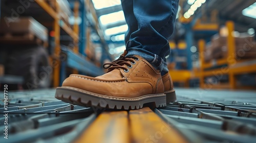 Industrial Readiness: Safety Footwear on Duty. Concept Industrial Safety, Work Boots, Protective Gear, Footwear Guidelines, Workplace Compliance photo