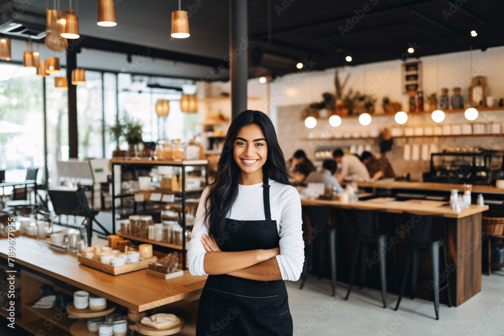 young brunette woman smiling in black apron waitress in a pretty modern restaurant