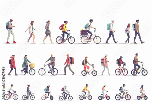 People actively spend time outdoors. Set of characters walking  riding bicycles and scooters 3D avatars set vector icon  white background  black colour icon