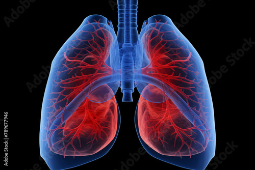 human lungs with diseased areas in red seen by x-ray on black background