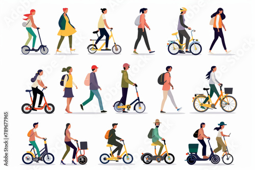 People actively spend time outdoors. Set of characters walking  riding bicycles and scooters 3D avatars set vector icon  white background  black colour icon