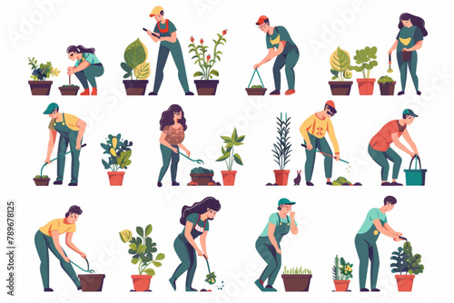 People are gardening. Men and women plant vegetables, water and tend and harvest. Gardeners mow lawns and bushes, plant flowers 3D avatars set vector icon, white background, black colour icon