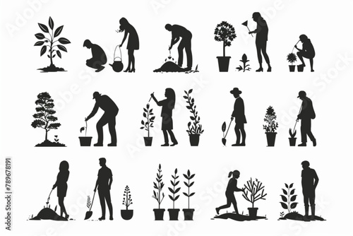 People are planting tree seedlings in the city park. Volunteers or city dwellers  men and women 3D avatars set vector icon  white background  black colour icon