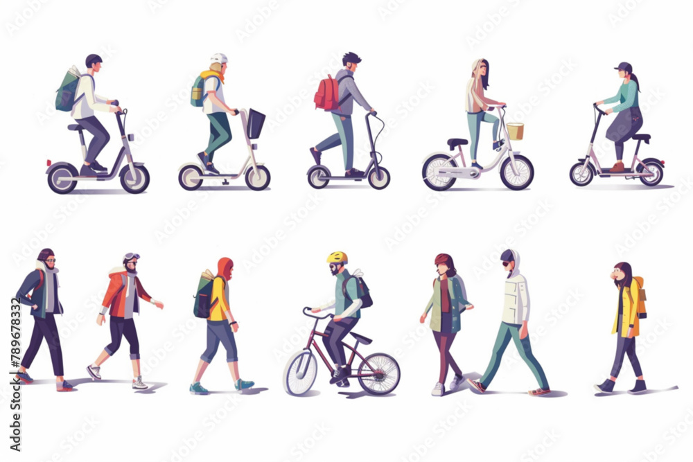People actively spend time outdoors. Set of characters walking, riding bicycles and scooters 3D avatars set vector icon, white background, black colour icon