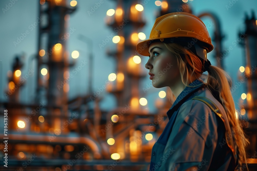 Portrait of a female engineer at work at an oil refinery. Generative AI. 
