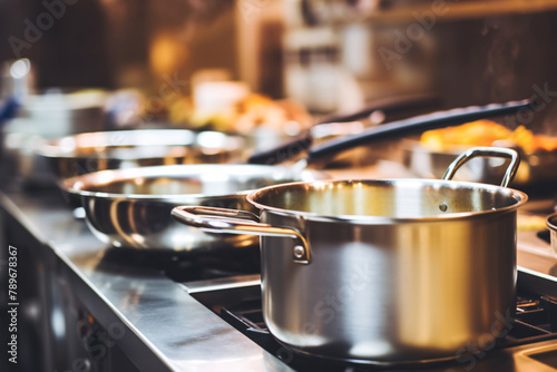 detail of saucepans in a professional kitchen photo