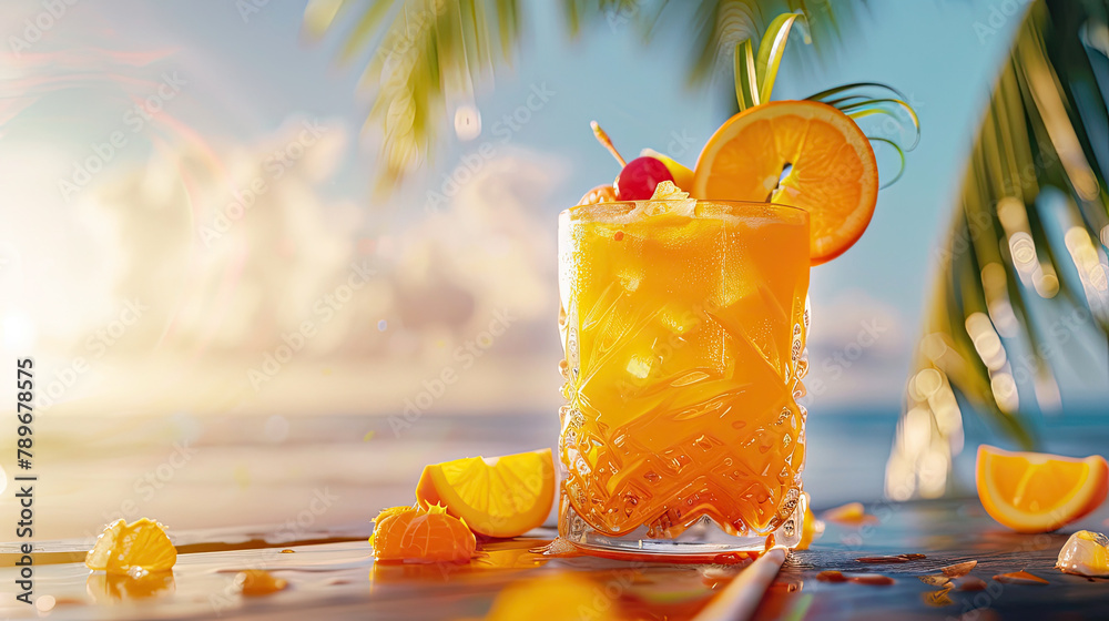 Orange cocktail with ice and orange slice on tropical beach background ...