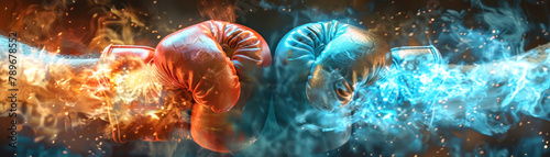 Fiery and icy boxing gloves meeting in a dynamic clash, a symbol of the battle between two powers photo