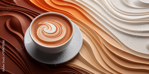 Coffee background, a cup of coffee with latte art against a background of soft waves in brown tones, top view