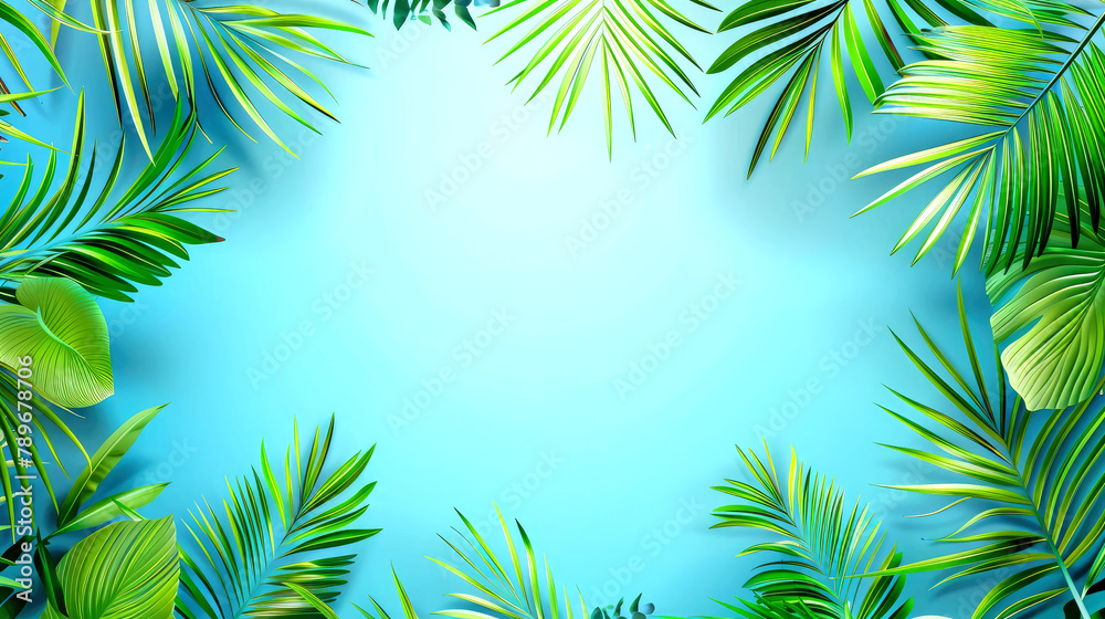 Green palm leaves on a blue background with space for copy. Poster in the summer tropical style. AI generated illustration.