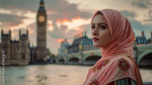 PORTRAIT of a beautiful muslim woman with hijab in england with big ben in the background out of focus © Marco