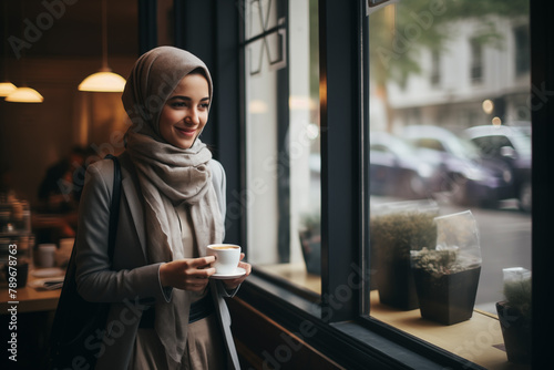 smiling young arab woman with veil looking out the window with a coffee in her hands