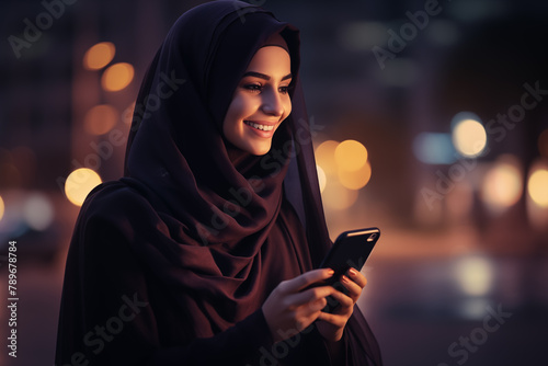 young arab woman smiling with veil with a smart phone in her hands